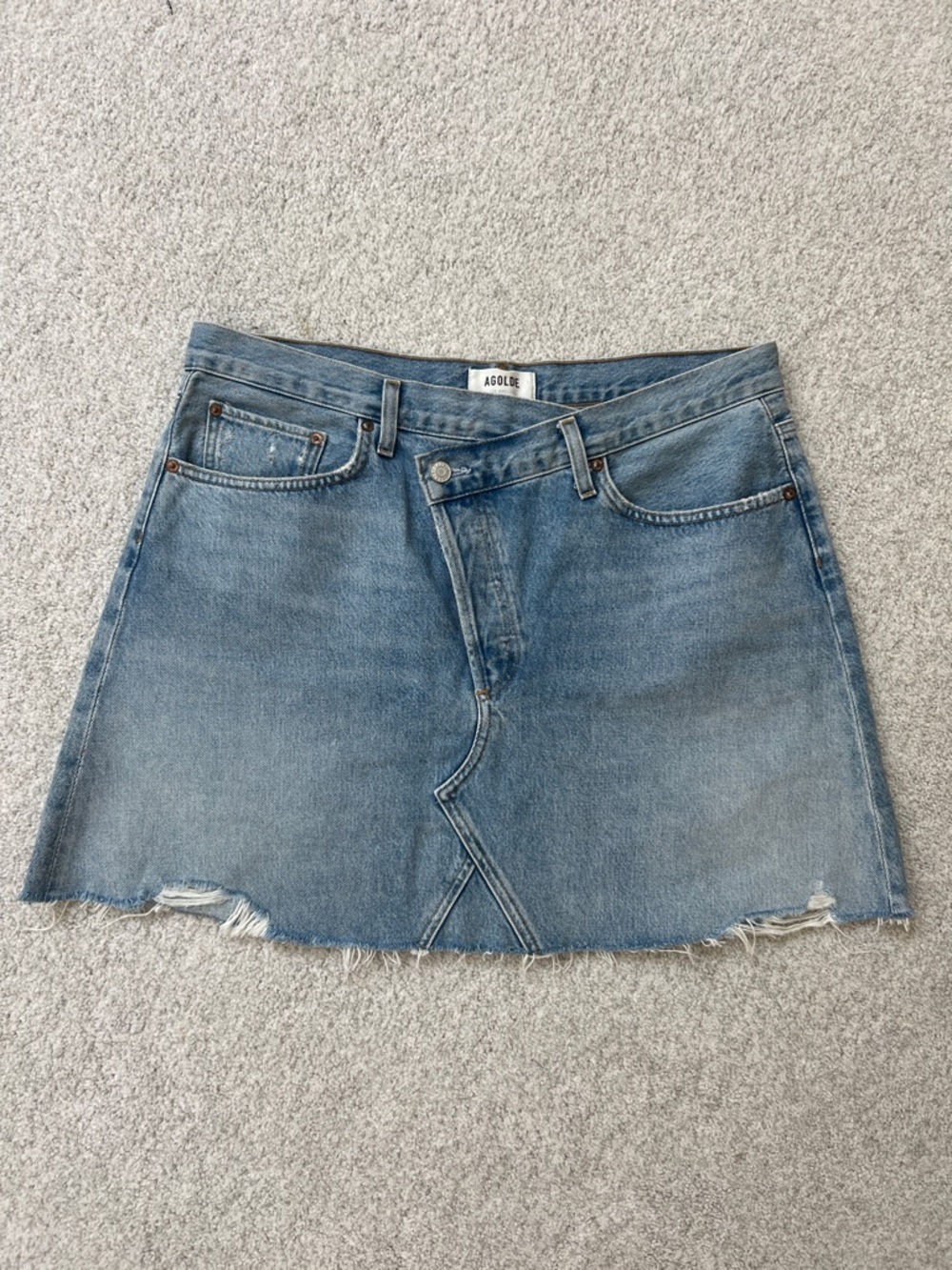 Agolde Light Blue Denim Raw-Hem Mini Skirt